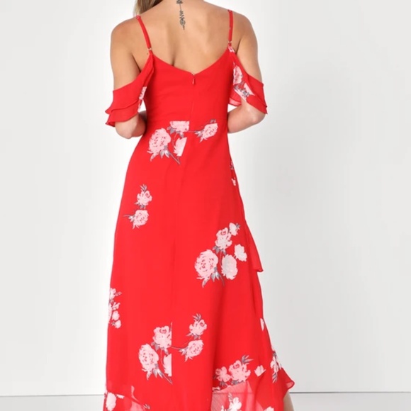 Lulus Love in Bloom Red Floral Print Off-the-Shoulder High-Low Dress - Picture 3 of 7